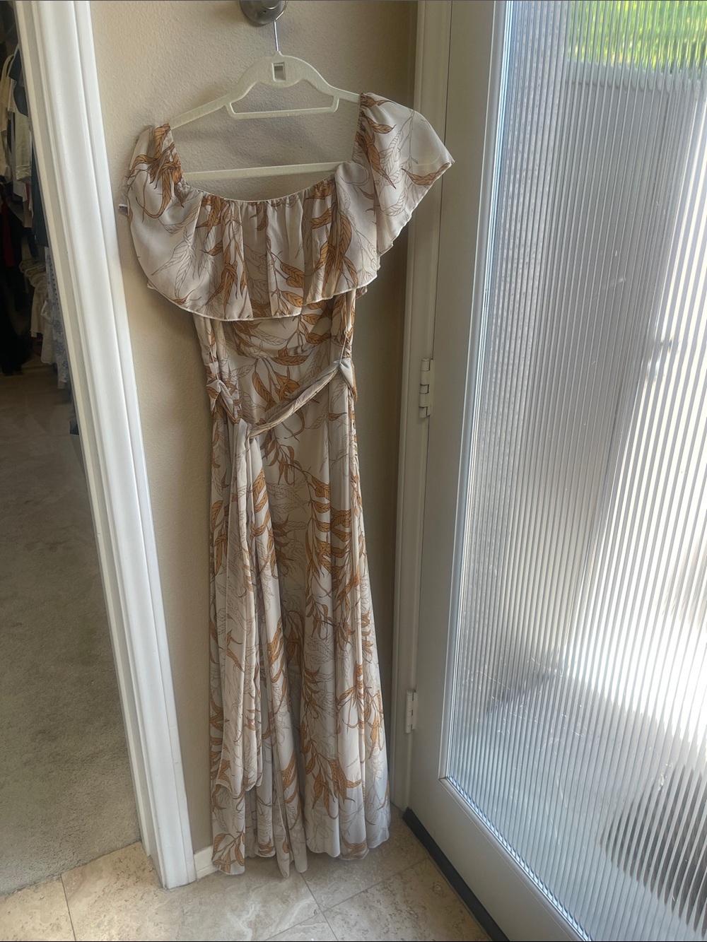 Ivory Botanical Print Off-Shoulder Maxi Dress with Tan Leaf Motif